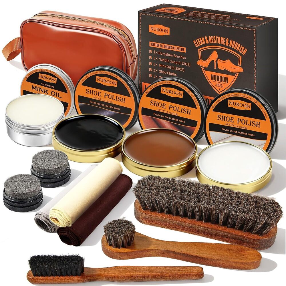 13Pcs Shoe Care Kit for Men & Women,3 Horsehair Shoe Polish Brush,Black Brown